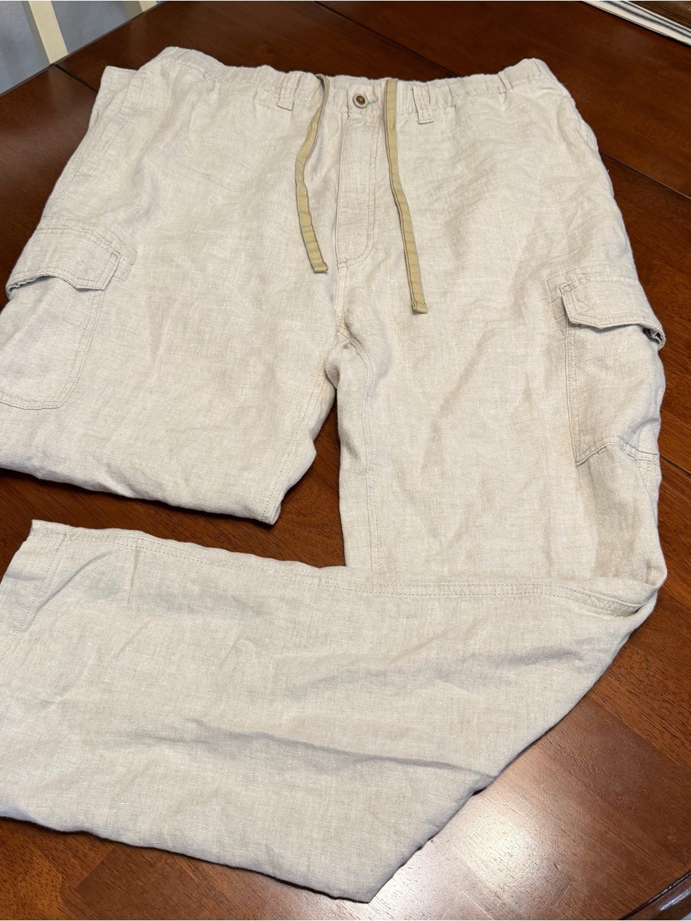 Caribbean Pants Mens 40x36 Khaki 100 % Linen Cargo Drawstring Stretch Beach